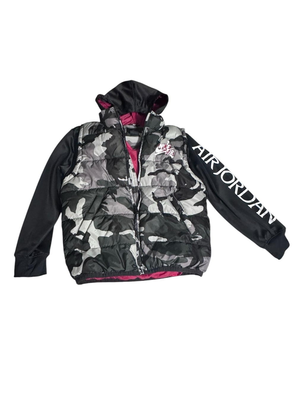 Jordan Kids Black & Gray Camo Puffer Jacket with Pink Lining